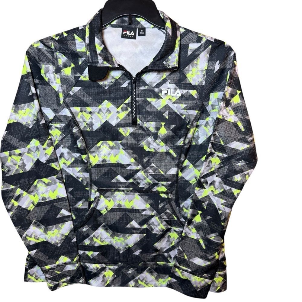 FILA Sport Women's Geometric Print 1/4 Zip Performance Pullover Black/Gray- Med